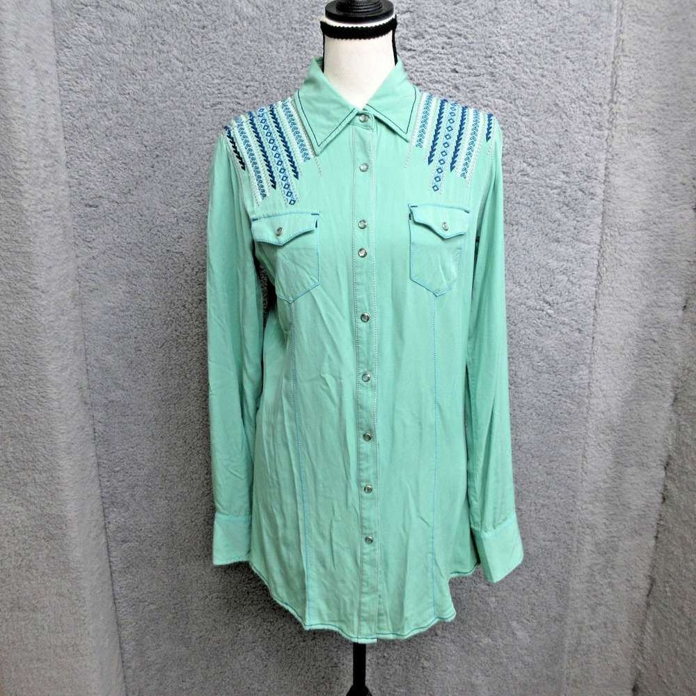 Cowgirl Up Embroidered Western Shirt Women M Green Rhinestone Snap Cowgirlcore